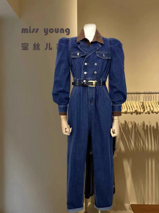 Miser Sheep 2023 New Retro Warlord Miss Double-breasted Puff Sleeve Long Sleeve High Waist Denim Jumpsuit (S0930)