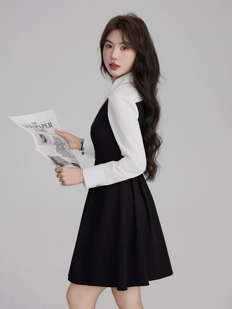 Volstagg French Hepburn style dress women's autumn black and white contrast stitching fake two-piece waist pleated skirt