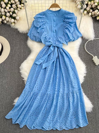 Fashion Puff Sleeve Stand Collar Waist Slimming Bowknot Tie Waist Slimming Hollow A-Line Ruffle Dress