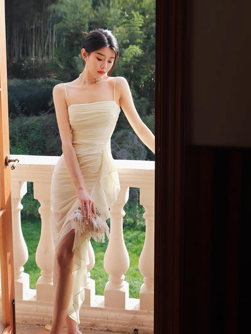 Thirteen and Xiaoxiao suspender dress for women summer chiffon pleated ribbon sexy royal sister slim fit hip skirt