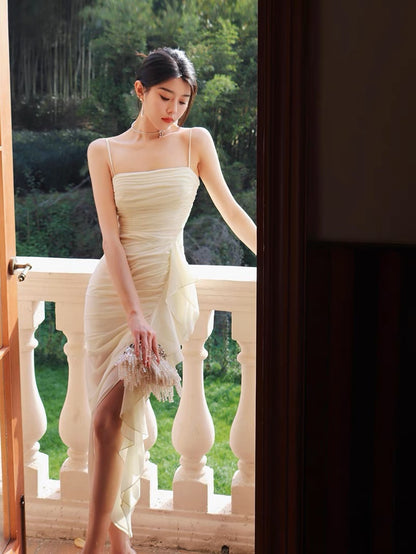 Thirteen and Xiaoxiao suspender dress for women summer chiffon pleated ribbon sexy royal sister slim fit hip skirt