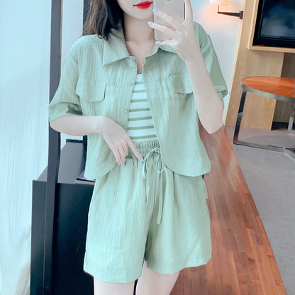 2024 summer new fashion sun protection shirt top shirt shorts stylish small casual suit female three-piece suit