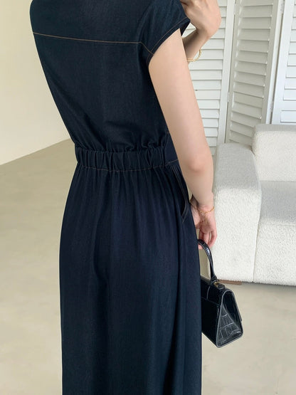FT GUOGE imitation denim dress female 2024 summer new waist slimming temperament commuting long skirt