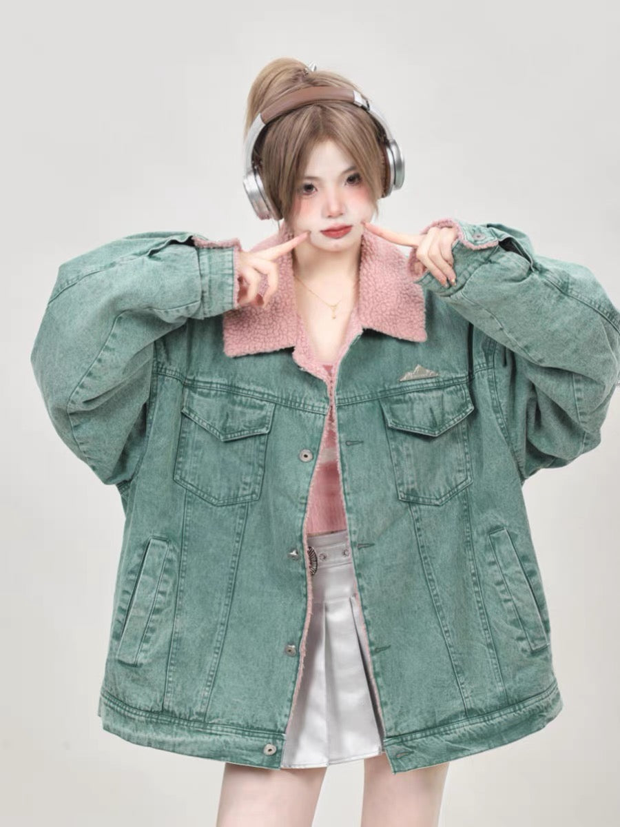 Winter American loose niche design green denim cotton jacket for women 2023 new thickened lamb wool cotton jacket A3342