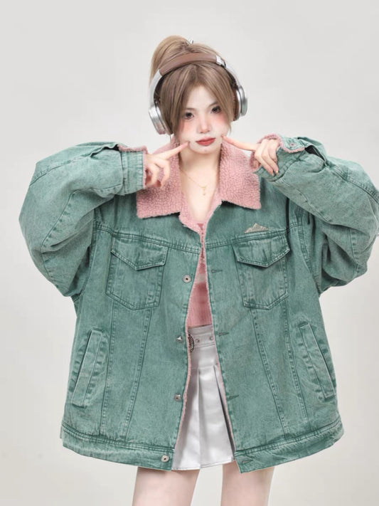 Winter American loose niche design green denim cotton jacket for women 2023 new thickened lamb wool cotton jacket A3342