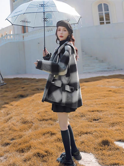 Short hooded coat double-sided cashmere women's 2023 new black and white plaid woolen coat women's autumn and winter high-end sense