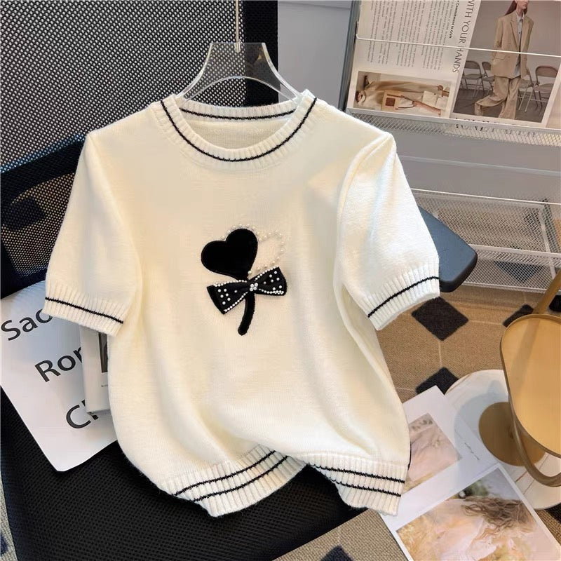 First-line brand cut label women's clothing big brand foreign trade export solitary sample clothing heavy industry beaded pullover short-sleeved sweater trendy