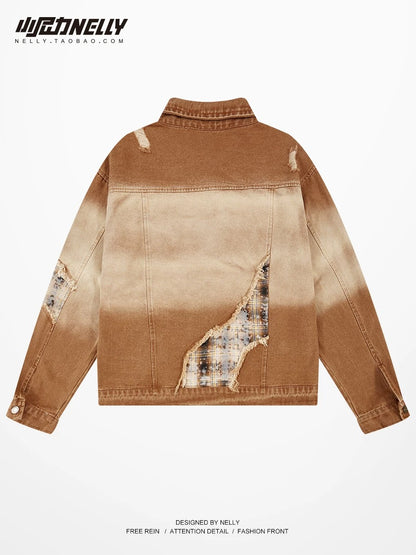 Early spring design Maillard ripped denim jacket for men and women trendy oversize contrasting color casual jacket top