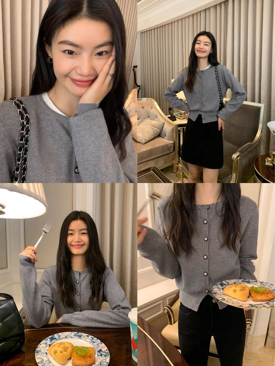 pusumede black knitted cardigan jacket for women with slim design and niche retro round neck short top