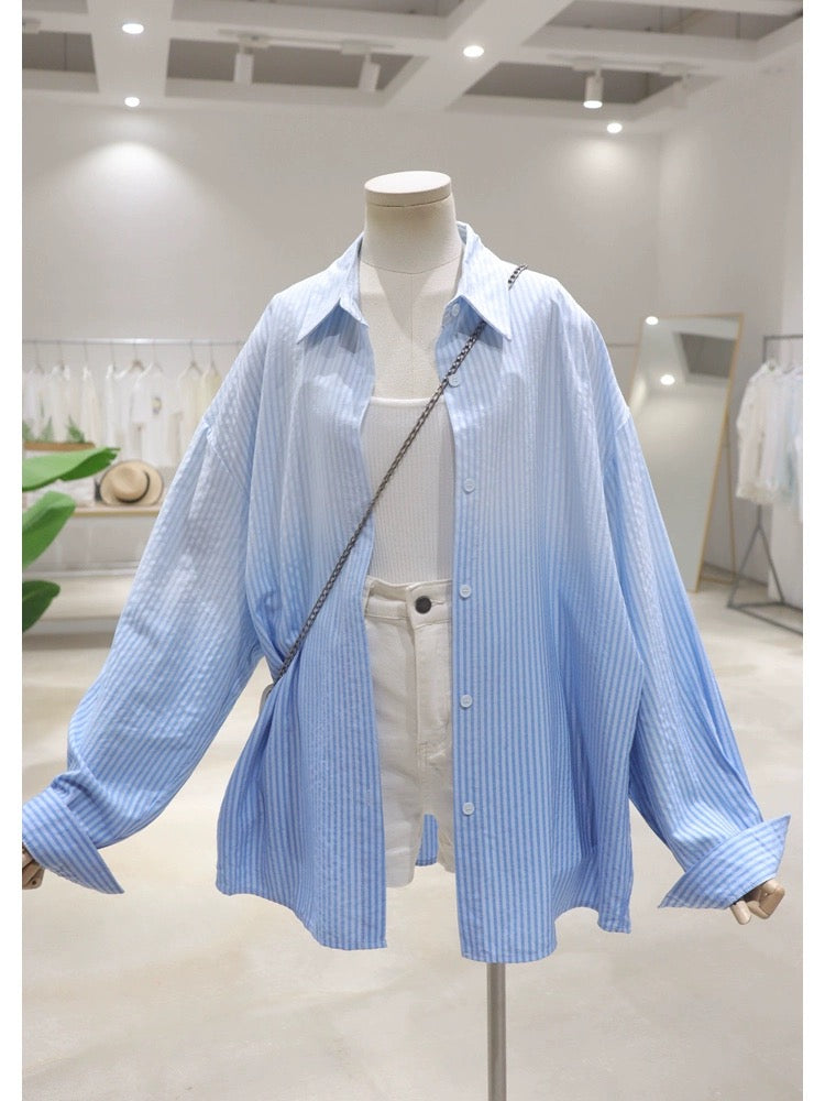 Soft and glutinous texture gradient color 2024 summer loose slim medium and long hip striped long-sleeved shirt for women