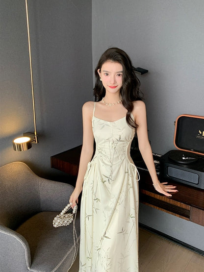 Deng Liuliu printed satin suspender dress women's summer draping waist to show figure design new Chinese style long skirt
