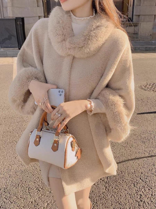 Zhang Xinzi [Winter Milk Cafe] Plush Cape Coat Women's 2023 Winter New Temperament Woolen Sleeve Coat