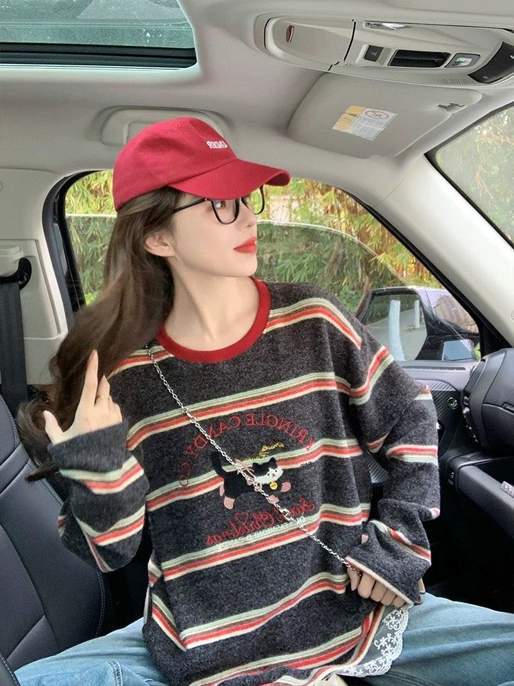 Korean striped long-sleeved T-shirt for women 2025 new spring and autumn lazy style retro age-reducing design contrast color top ins