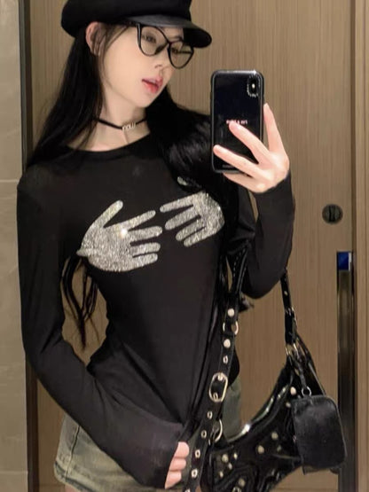 European and American long-sleeved T-shirts for women, autumn wear, temperament, heavy industry, hot diamonds, slimming, slightly see-through, short hot girl tops, black bottoming shirts