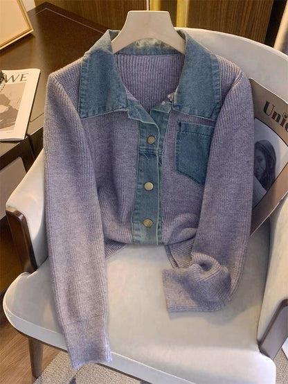 Autumn Knitwear Women's 2023 New Casual Slim POLO Collar Spliced Cardigan Fashionable and Versatile Outerwear Tops for Women V1131