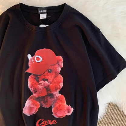 Hip-hop bear short-sleeved T-shirt for men and women, trendy loose oversize round neck half-sleeved T-shirt (S0622)