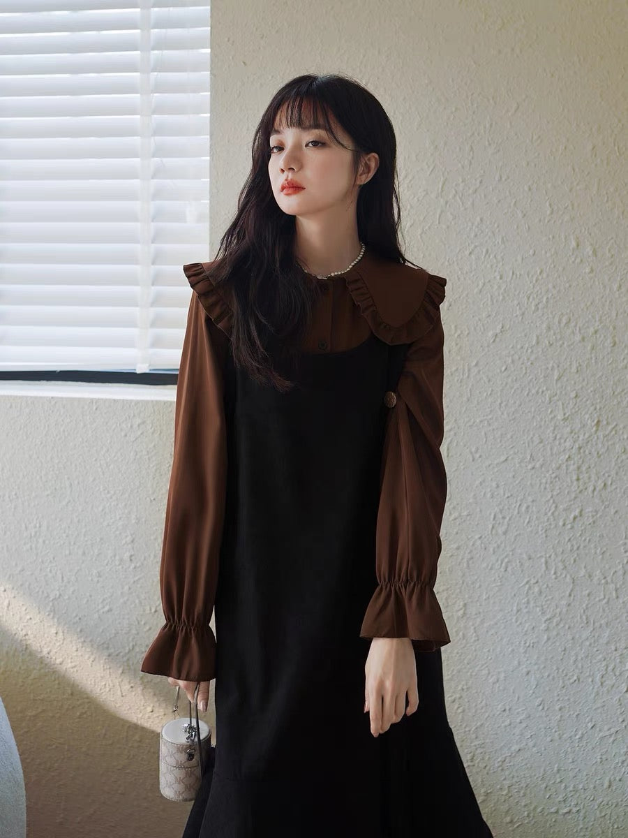 Fashionable age-reducing dress suit for women autumn 2023 new Korean style fashion shirt slimming suspender skirt two-piece set