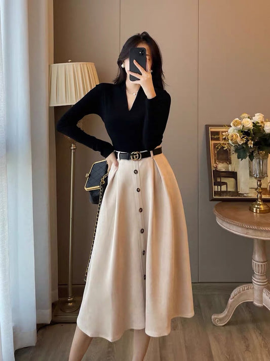 Two-piece suit women's autumn clothes new western style fashionable French retro bottoming velvet dress temperament slim long skirt
