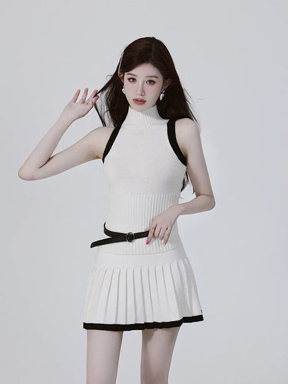 Minimalism, basic comfort, pure slim fit, all-match color matching small turtleneck sleeveless knitted sweater vest + pleated skirt