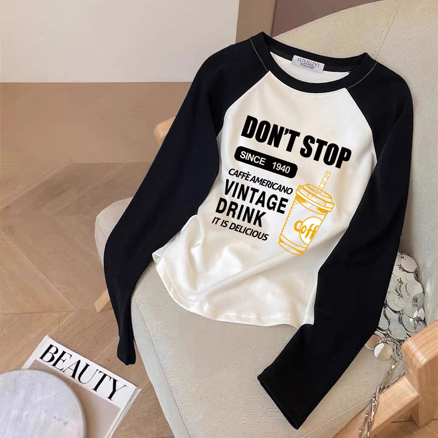 Contrast color pure cotton inner wear design sense splicing long-sleeved T-shirt female 2025 autumn and winter new European goods loose slim top M