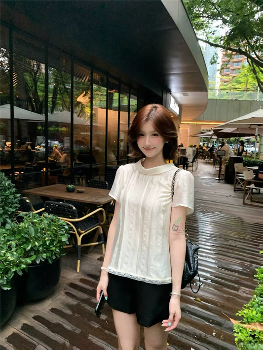 Cheese Lyocell Short-Sleeve Shirt for Women – Sophisticated Lace-Paneled Versatile Top (Lightweight) [Gardenia White]