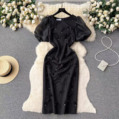 French high-end heavy industry nail diamond feather tassel round neck dress women's slim and elegant puff sleeve dress long dress (D0982)