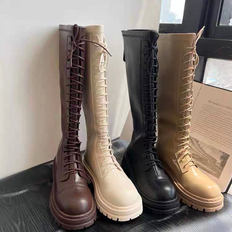 Big long legs ~ Ju Xian thin!  Brown lace-up round toe thick-soled boots soft leather all-match elastic high boots women