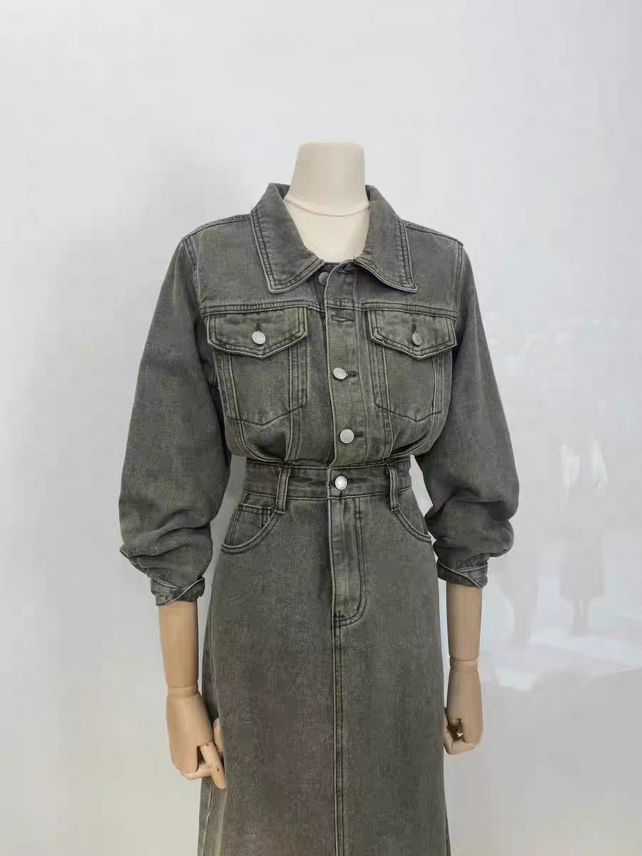 Miss Sheep 2023 New New Retro Hong Kong Style Colorful Denim Long Sleeve Polo High Waisted Waist Slim Dress Long Dress