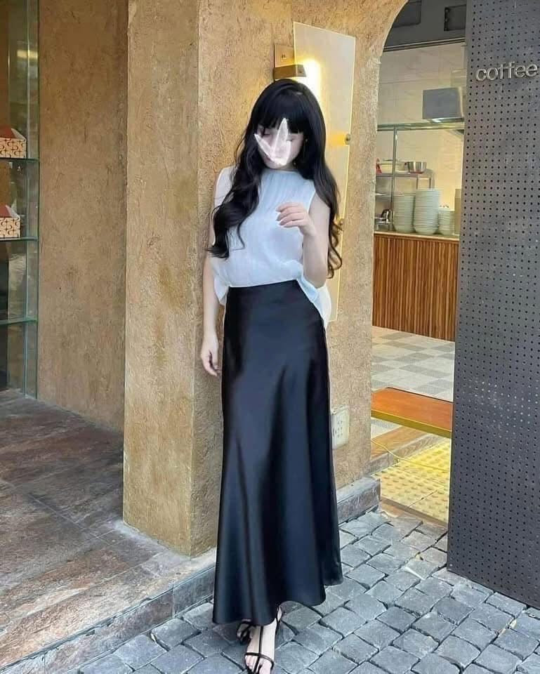 High waist medium length satin acetate silky skirt female 2025 spring and autumn summer new hip fishtail A-line long skirt
