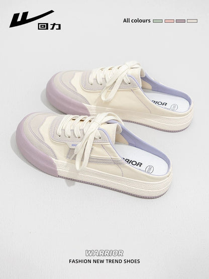 Pull back slip-on canvas shoes for women 2024 spring new versatile lazy toe half slippers breathable casual sneakers