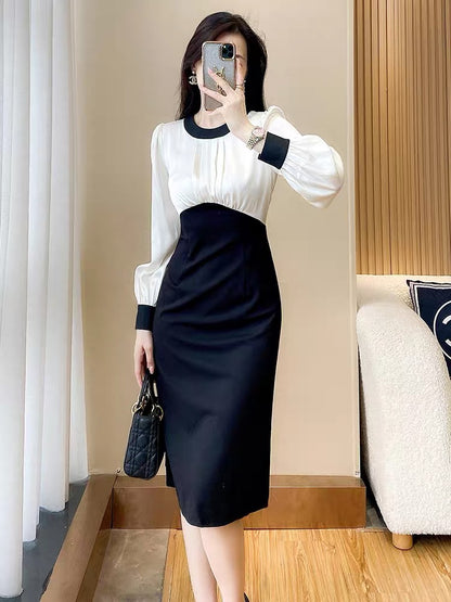 Long-sleeved dress for women in autumn 2023 new royal sister style fashionable temperament black and white contrasting color waist slimming hip skirt