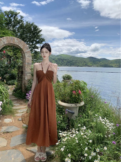 Thailand Phuket Xishuangbanna travel outfit ethnic style sexy backless halter neck suspender dress female summer
