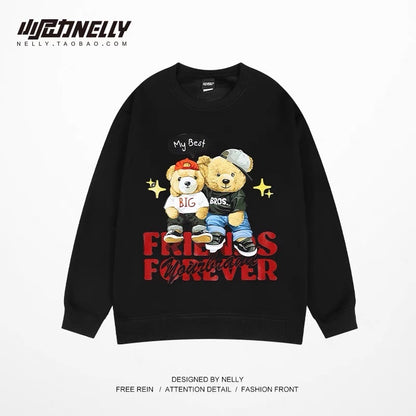 Bear sweatshirt for men and women with niche design for autumn and winter plus velvet round neck oversize graffiti high-end street jacket