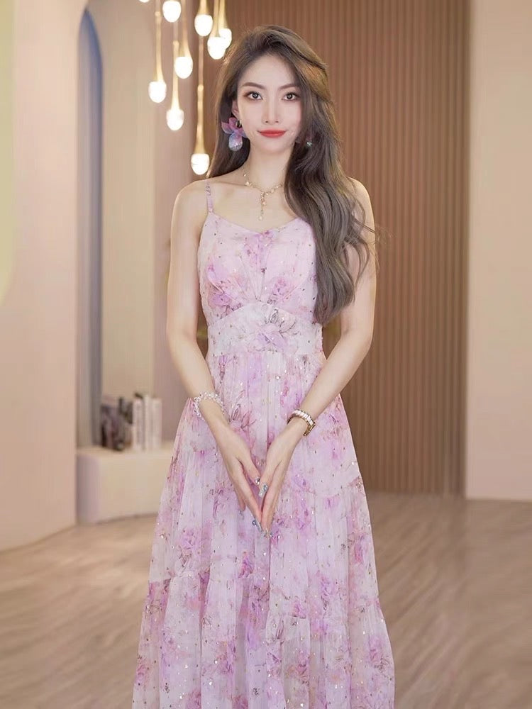 Celebrity suspender skirt female floral dress 2023 new summer high-end temperament light and familiar wind over-the-knee beautiful long skirt