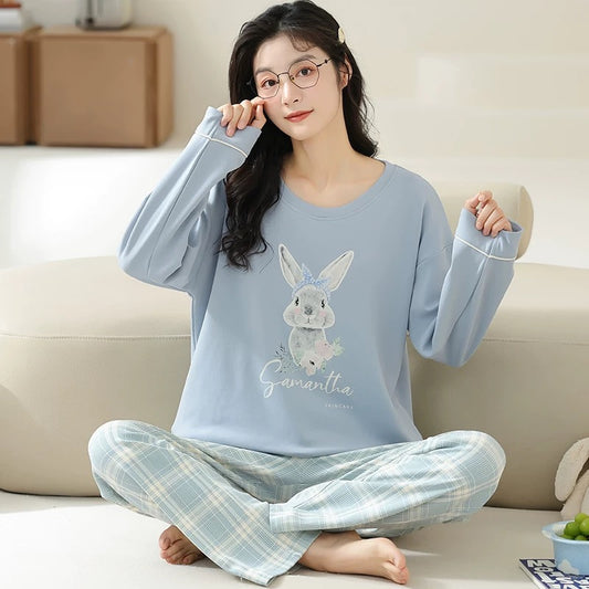 Pajamas for women Spring and Autumn 2024 new long-sleeved cotton large size summer cute autumn and winter home clothes suit