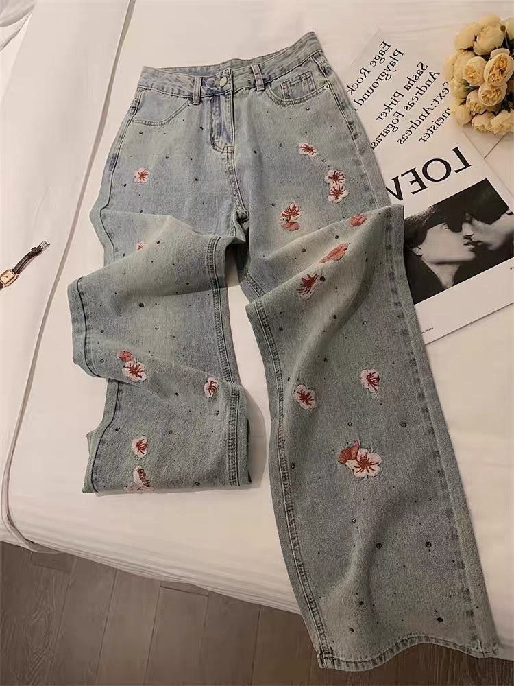 Korean version of high-level design sense heavy industry printing wide-leg jeans for men and women summer street loose retro straight pants