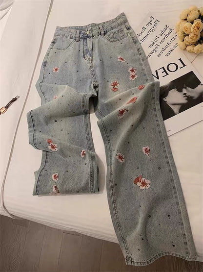 Korean version of high-level design sense heavy industry printing wide-leg jeans for men and women summer street loose retro straight pants
