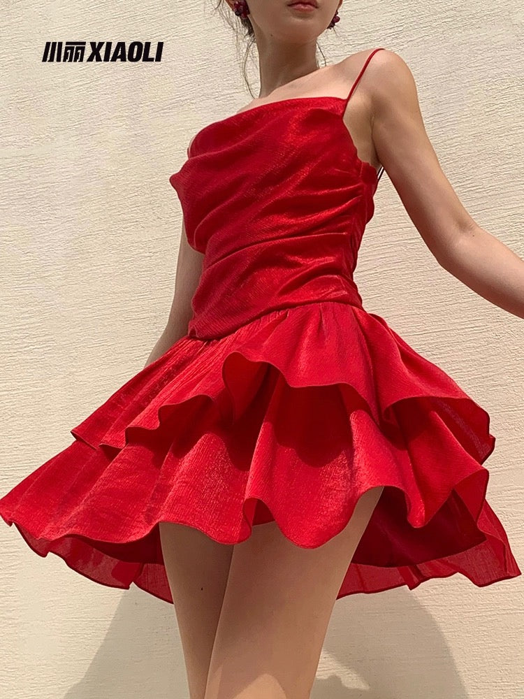Xiaoli XIAOLI Bihai Yinsha acetate suspender dress spring and summer dopamine wear small A-line short skirt