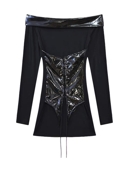 Temperament one-shoulder splicing dress women's early autumn 2023 new knitted waist slimming black skirt slim skirt A2261