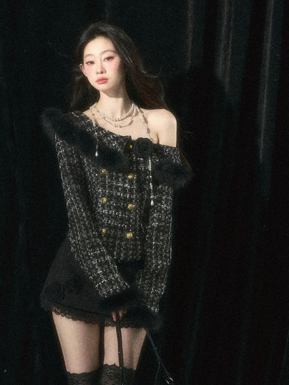 Shao Ye Yan Fa Xiang Hela Xiao Xiang style western-style plaid coat women autumn and winter long sleeve oblique shoulder slim hot girl top