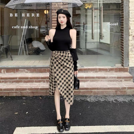 High-waisted plaid irregular skirt for women autumn and winter 2022 new slit mid-length sexy one-step hip-covering skirt
