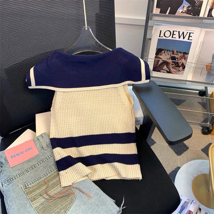 French Navy Collar Knitted Vest Women 2023 Summer Slim Slim Sleeveless T-shirt Small Fragrance Apricot Color Digging Shoulder Top