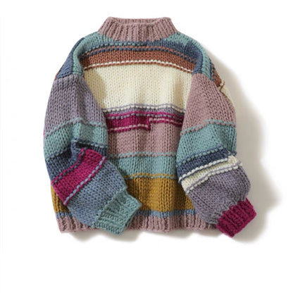 2022 new Japanese style lazy style thick line loose rainbow striped cocoon pullover sweater for women autumn and winter outer wear foreign style V1149
