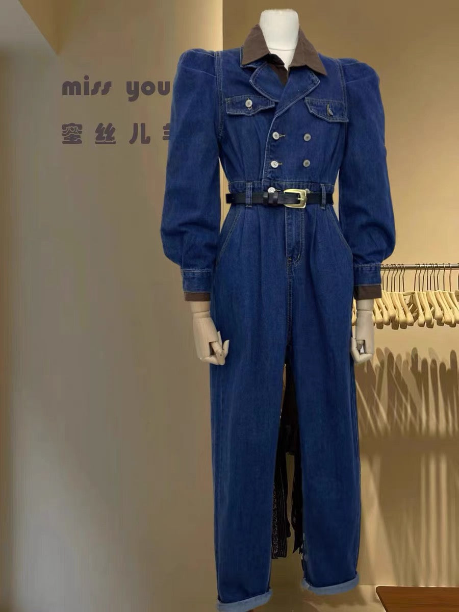 Miser Sheep 2023 New Retro Warlord Miss Double-breasted Puff Sleeve Long Sleeve High Waist Denim Jumpsuit (S0930)