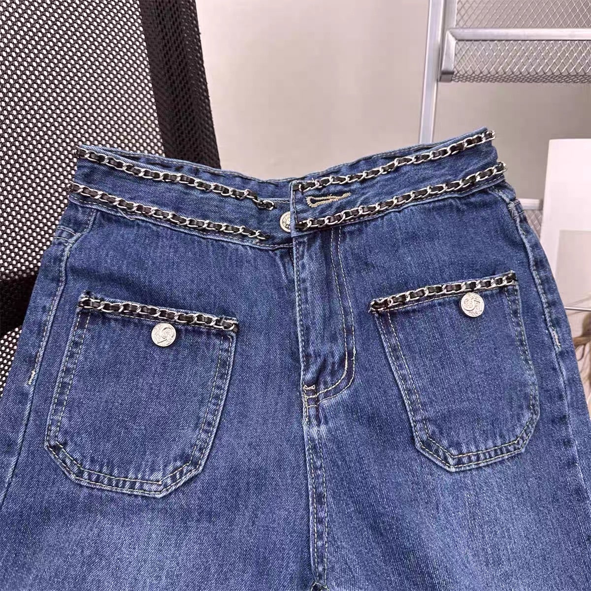 Korean version of the trendy brand ins heavy industry chain jeans women's spring and summer high waist thin straight leg mopping wide leg pants