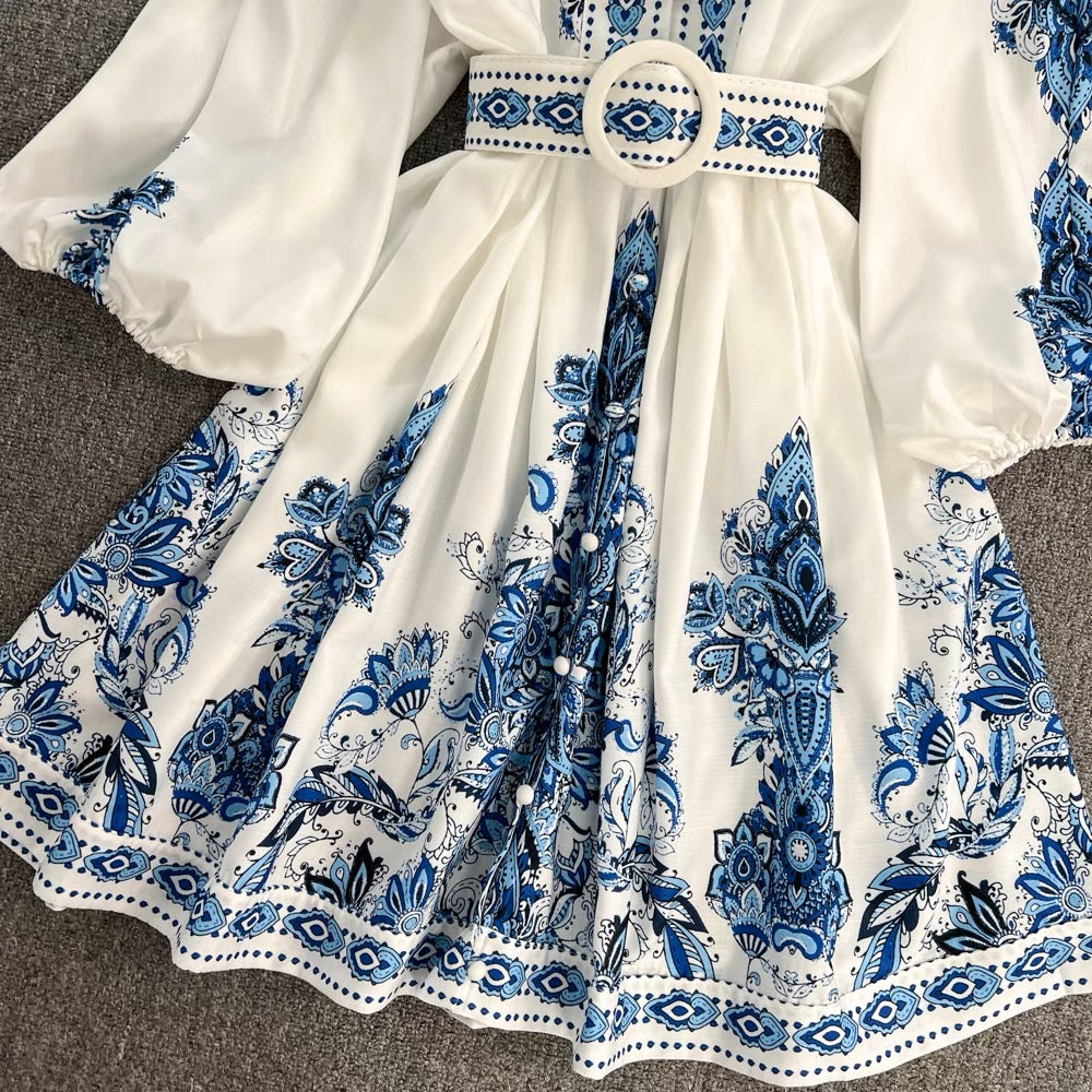 Spring and Autumn Commuting Retro Palace Style Positioned Print Lantern Sleeve V-neck Waist Slimming Single-breasted A-Line Dress