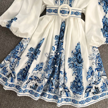 Spring and Autumn Commuting Retro Palace Style Positioned Print Lantern Sleeve V-neck Waist Slimming Single-breasted A-Line Dress