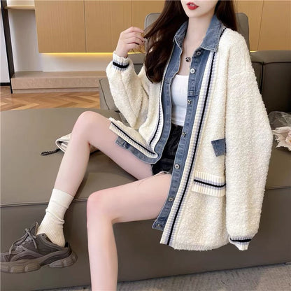 Designed denim splicing sweater cardigan for women 2023 new autumn casual loose and versatile knitted jacket (S0611)