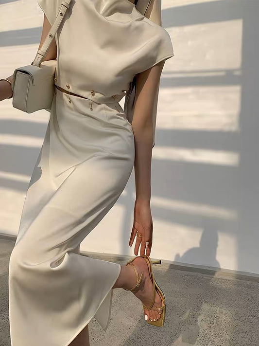 French dress for women 2023 spring and summer new style detachable bead buckle leaking waist temperament niche long skirt professional women's skirt