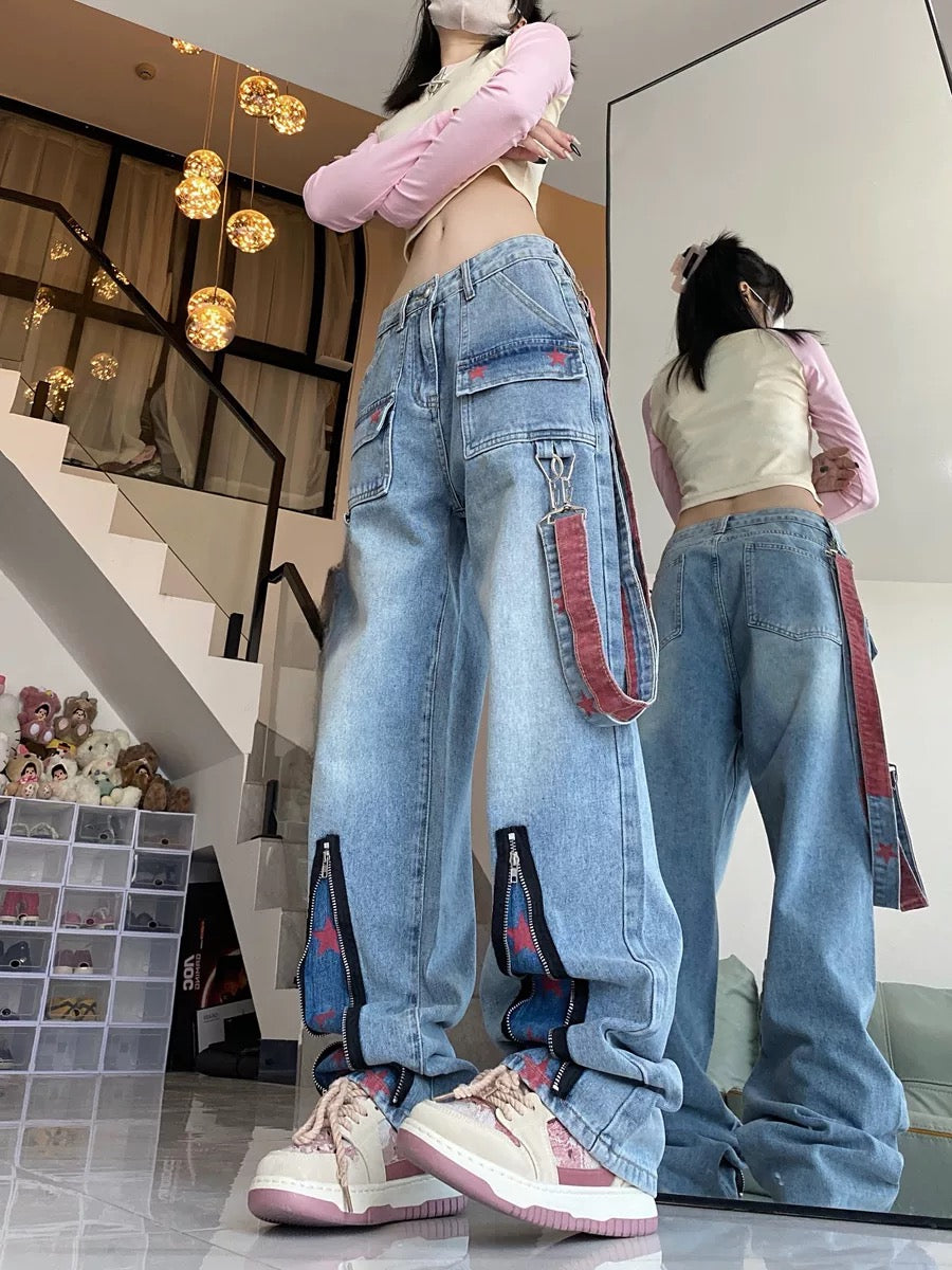 High Street Hot Girl Workwear Jeans Women's Summer Loose Slim Versatile Pants Multi-zipper Printed Straight Pants Trendy